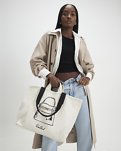 Beige Pocket Front Canvas Tote Bag