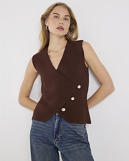 Brown Knitted Asymmetric Waistcoat
