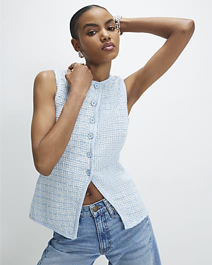 Blue Boucle Sleeveless Waistcoat