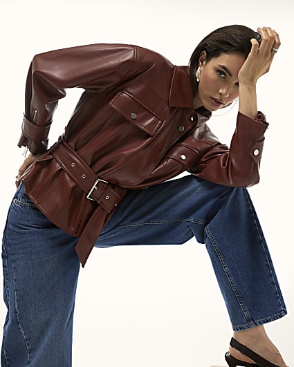 Red Faux Leather Belted Jacket