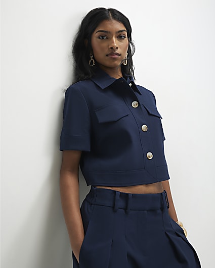 Navy Short Sleeve Cropped Jacket