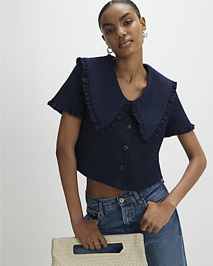 Navy Oversized Collar Boucle Top