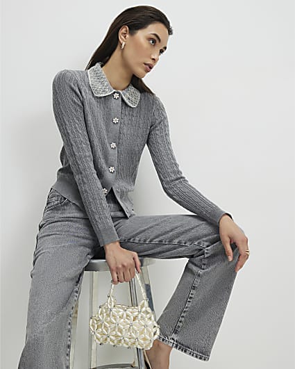 Grey Embellished Collar Cardigan
