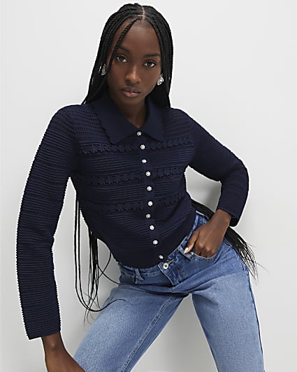 Navy Collared Flower Detail Cardigan