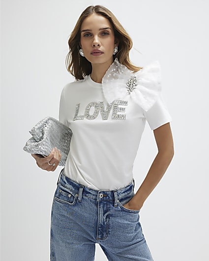 White Short Sleeve Embellished Love T-shirt
