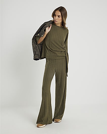 Khaki Cosy Wide Ribbed Trousers