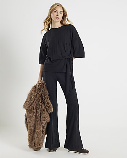 Black Cosy Wide Ribbed Trousers