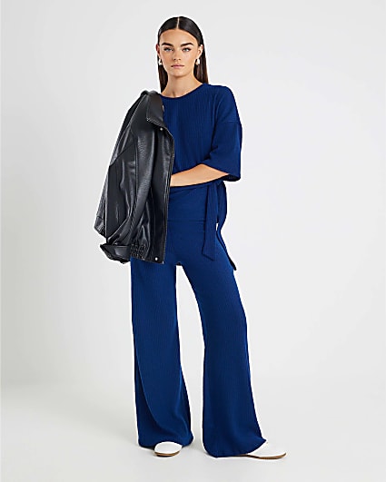 Navy Ribbed Wide Leg Trousers