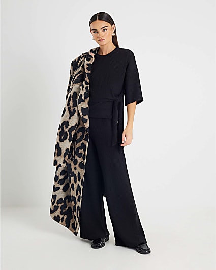 Black Ribbed Wide Leg Trousers