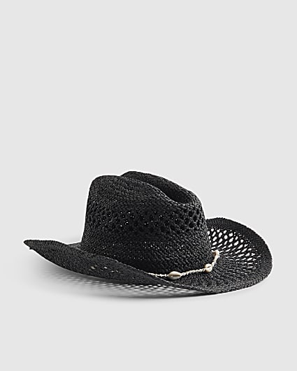 Black Shell Band Raffia Hat