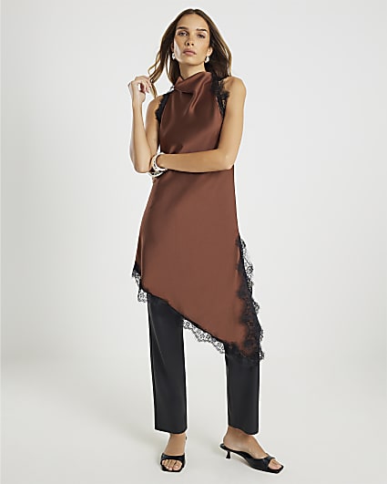 Brown Sleeveless Longline Lace Trim Top