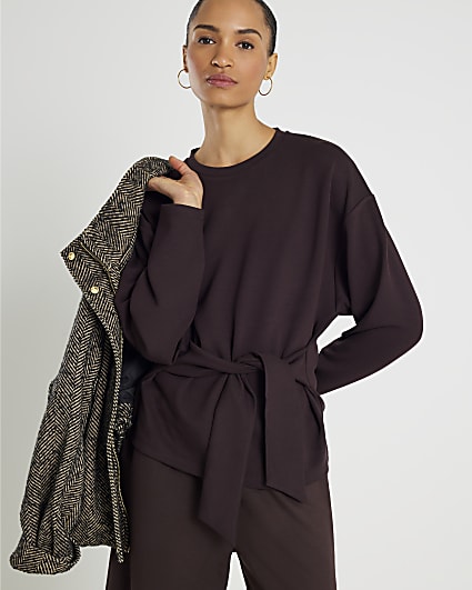 Brown Premium Long Sleeve Tie Front Top