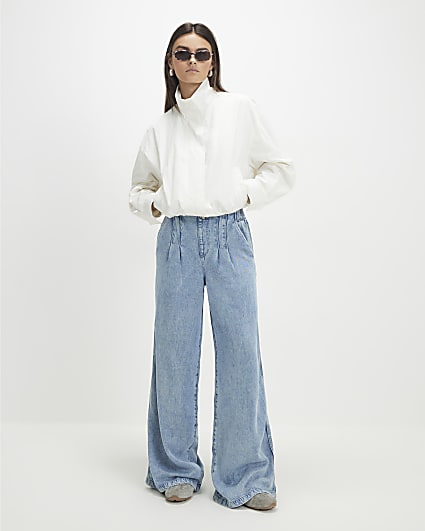 Blue Elasticated Dart Front Wide Leg Jeans
