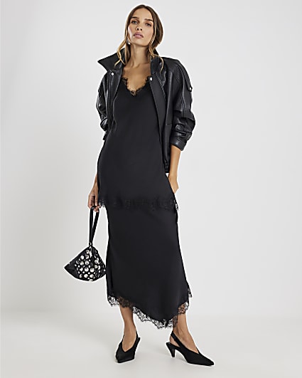Black Satin Lace Trim Midi Skirt