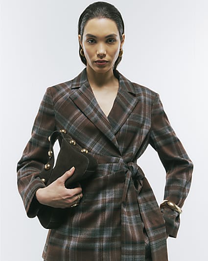 Brown Check Tie Waist Blazer