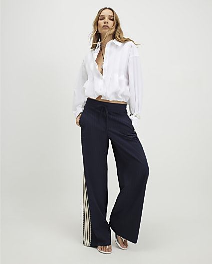 Navy Pinstripe Crochet Side Stripe Joggers