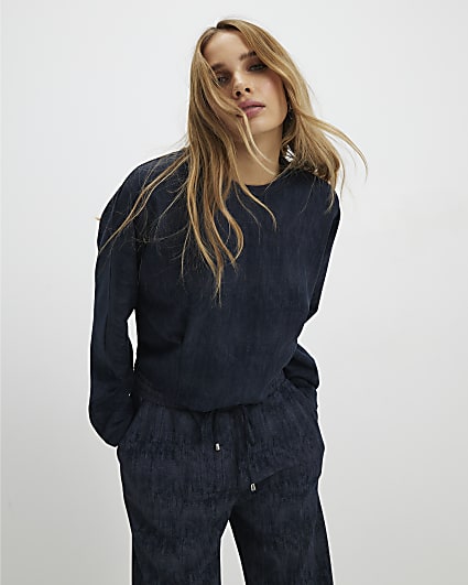 Navy Premium Crinkle Effect Batwing Top