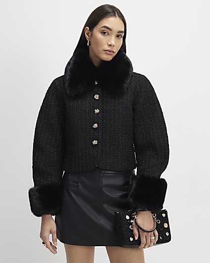 Black Faux Fur Collar Boucle Cropped Jacket