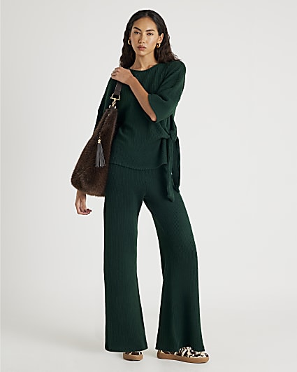Khaki Ribbed wide leg Trousers