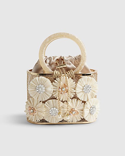 Beige Raffia Flower Basket Bag