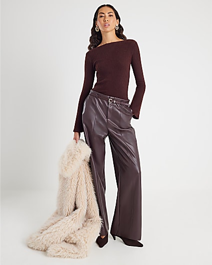 Brown Cosy Ribbed Long Sleeve Crew Neck Top