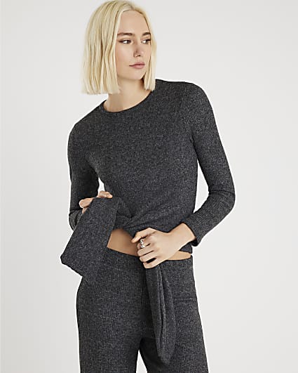 Grey Ribbed Knot Hem Cosy Top