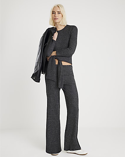 Grey Ribbed Cosy Wide Leg Trousers