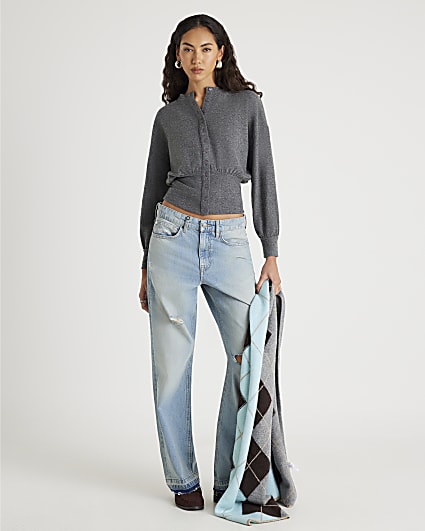 Grey Waisted Button through Top