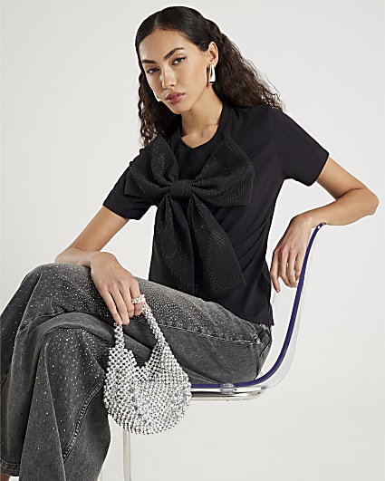 Black Short Sleeve Diamante Bow T-shirt