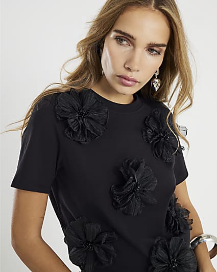 Black Short Sleeve 3D Flower Diamante T-shirt