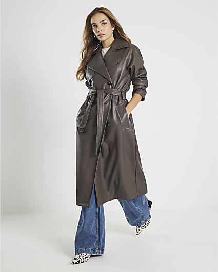 Brown faux Leather Trench Coat
