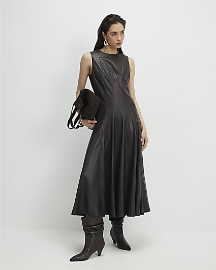 Brown Faux Leather Waisted Midi Dress