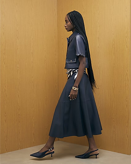 Navy Faux Leather Midi Skirt