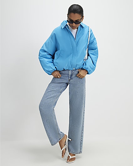 Blue Padded Collared Bubble Hem Jacket