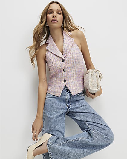 Pink Boucle Collared Halter Neck Waistcoat