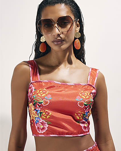 Red Floral Print Crop Top