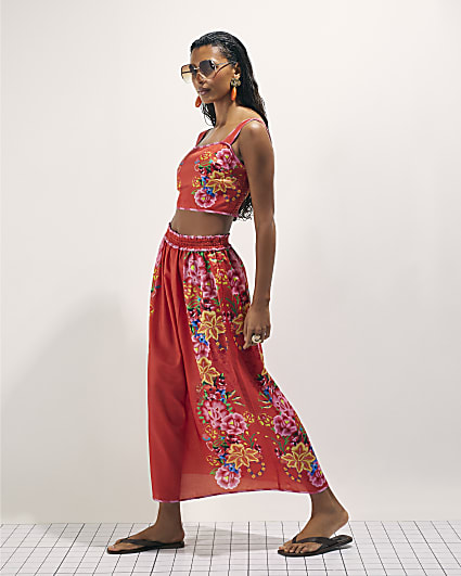 Red Floral Maxi Skirt