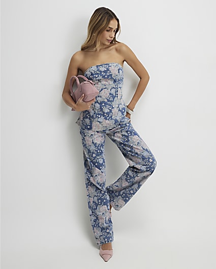 Blue Floral Relaxed Straight Jeans