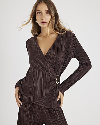 Brown Plisse Trim Top