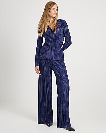 Navy Plisse Wide Leg Trousers