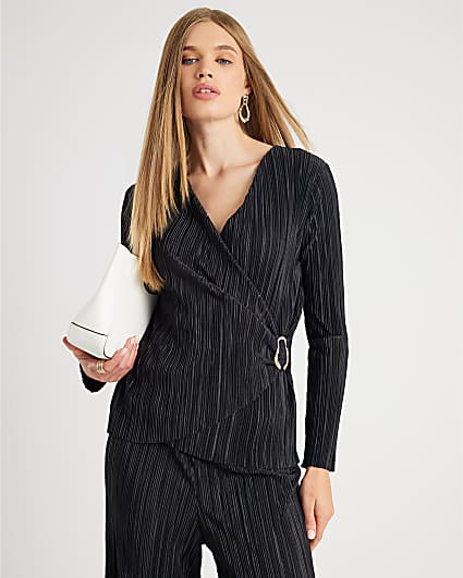 Black Plisse Trim Long Sleeve Top