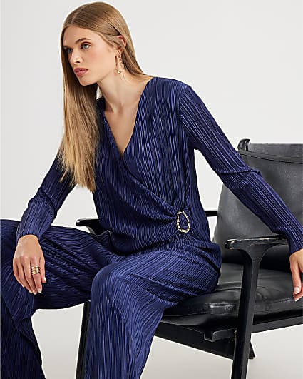 Navy Plisse Trim Long Sleeve Top