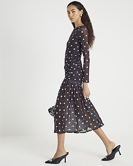 Black Ruched Spot Mesh Midi Dress