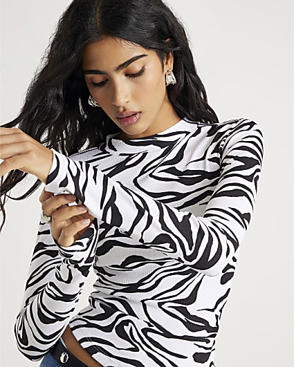 Black Long Sleeve Ribbed Zebra Print Top