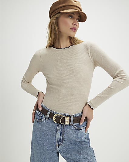 Beige Scallop Trim Long Sleeve Top