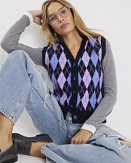 Navy Knitted Argyle Print Waistcoat