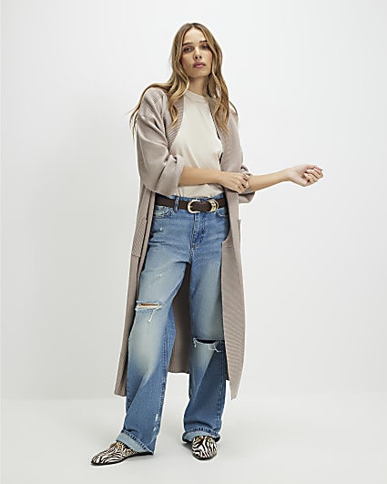 Beige Knitted Ribbed Maxi Cardigan