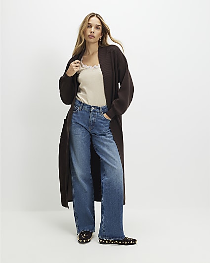 Brown Knitted Ribbed Maxi Cardigan