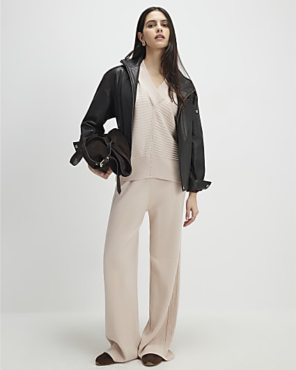 Cream Wide leg Knitted Rib Trousers