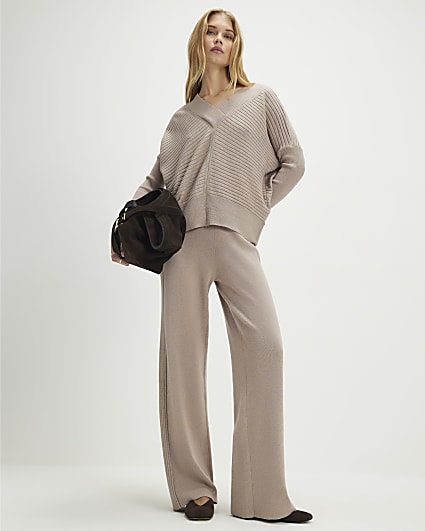 Beige Knitted Wide Leg Ribbed Trousers